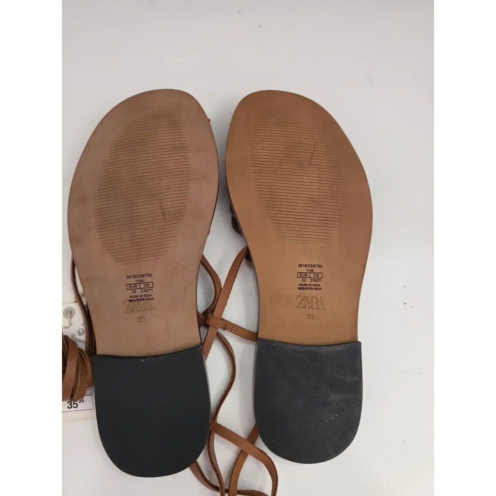 Zara Kids Tan Brown Leather Gladiator Lace Up Sandals Gold Studs 2618/330/700